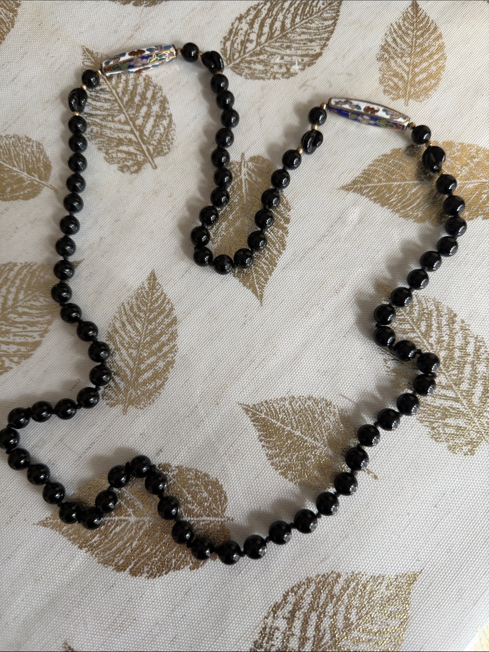 Black Onyx Beaded Women's Necklace with Decorative Cloisonné Accents
